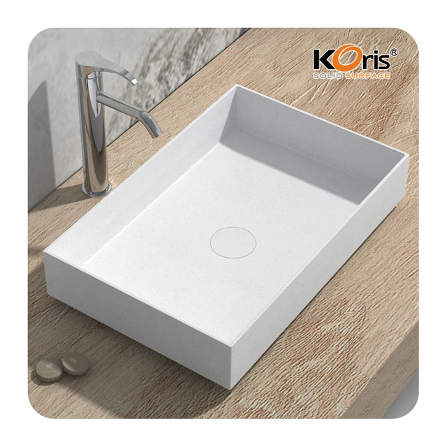Modern Style Acrylic Solid Surface Vessel Bathroom Sink Basin Easy Clean with Polished Drainer