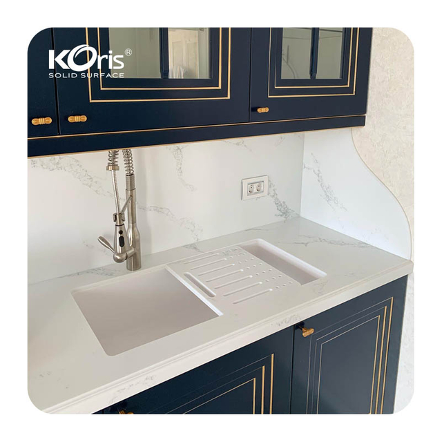 Modern Style Acrylic Solid Surface Vessel Bathroom Sink Basin Easy Clean with Polished Drainer